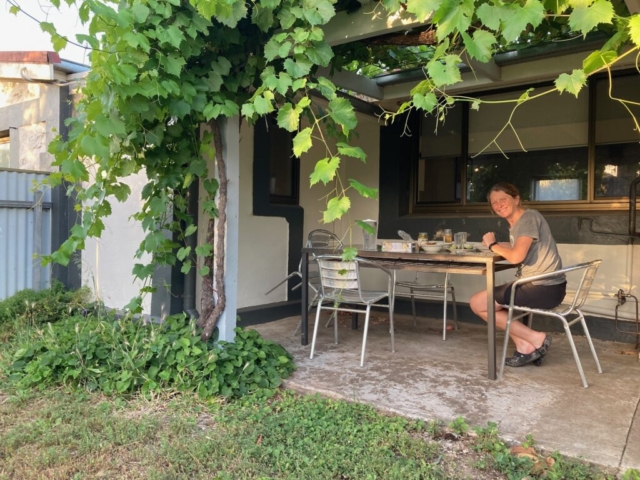 CC enjoys lunch outside under the grapevines