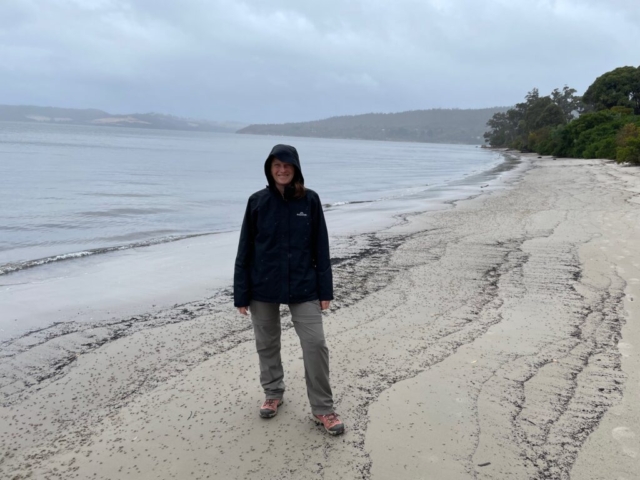 CC on Snug beach in not the best weather