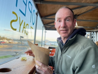 PB is excited about fish and chips in a cone