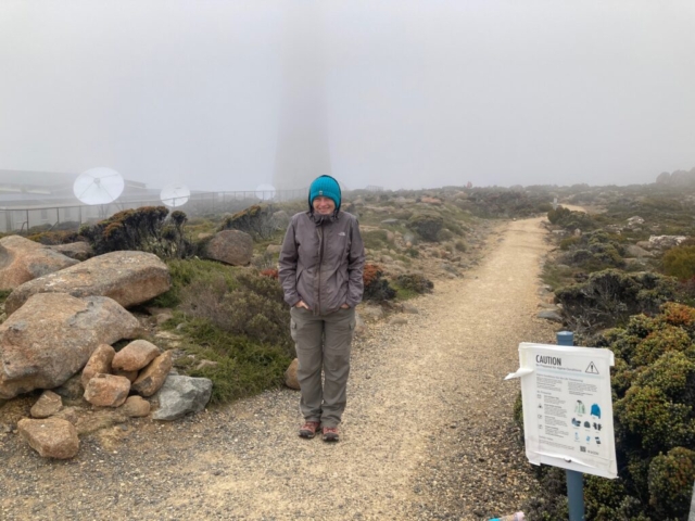 CC ready to start the walk from the cold, cloudy summit of kunanyi / Mt Wellington