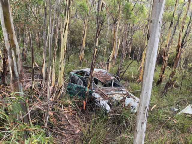 Car in the bush by the side of the road on the way up