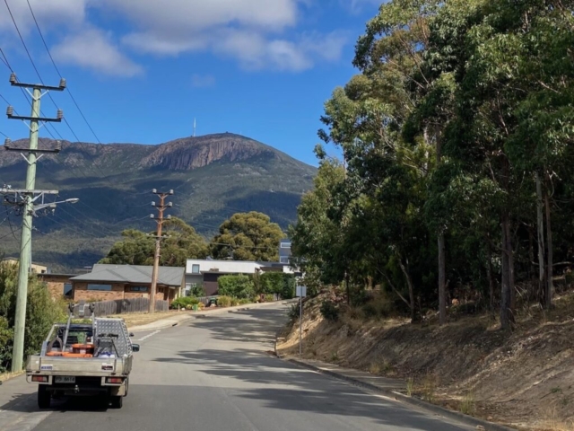 View of kunanyi / Mt Wellington from street near our unit