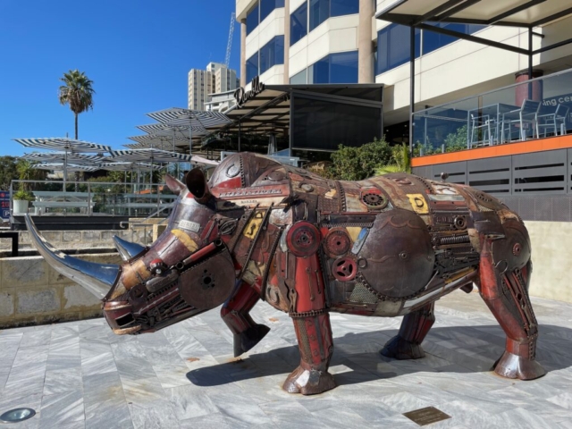 We're not even at the zoo yet and we found a rhinoceros - a sculpture by Jordan Sprigg