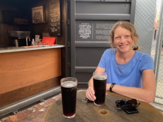 CC enjoys a beer at Calamity's Rod brewery