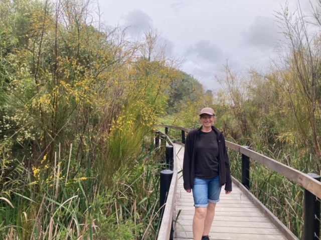 CC on the boardwalk on the lake trail