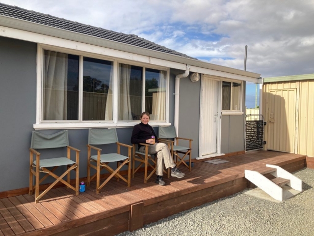 CC relaxes on the back deck of our house in Orana, Albany