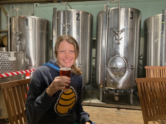 CC enjoys a beer at Fleurieu Distillery