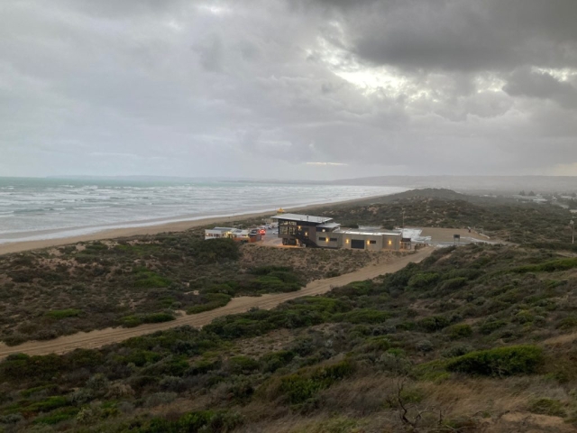 Looking down over Goolwa Beach on a stormy day