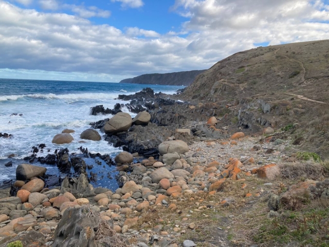 Rocky shoreline before the ascent to the cliffs begins