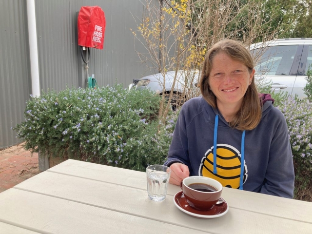 CC enjoys a delicious coffee at De Groot Coffee Company