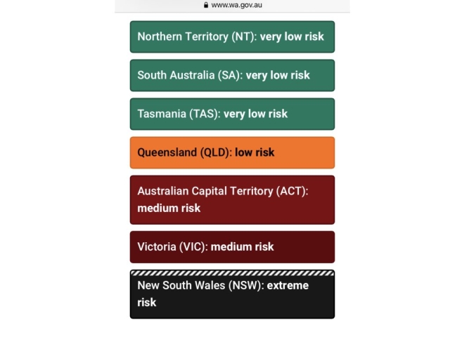 COVID-19 risk levels according to the Western Australian government. We decided to stay where we were for a few months.