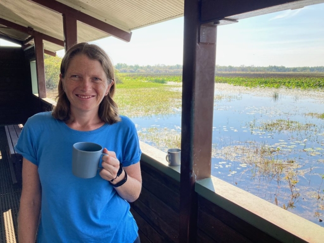 CC enjoys a coffee in the Mamukala Wetlands