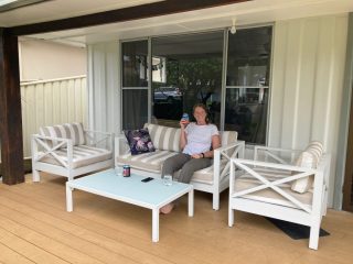 CC relaxes on the front deck