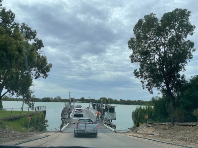 Boarding the ferry across the Murray River at Wellington