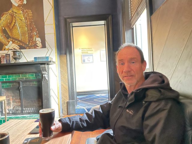 PB drinking stout at The Earl of Leicester