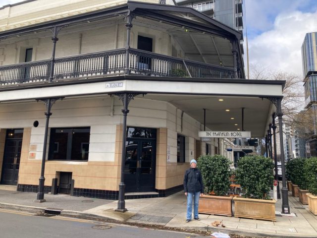 CC outside the Franklin Hotel, Adelaide