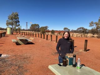 CC enjoys coffee at a rest area on the way to Tennant Creek