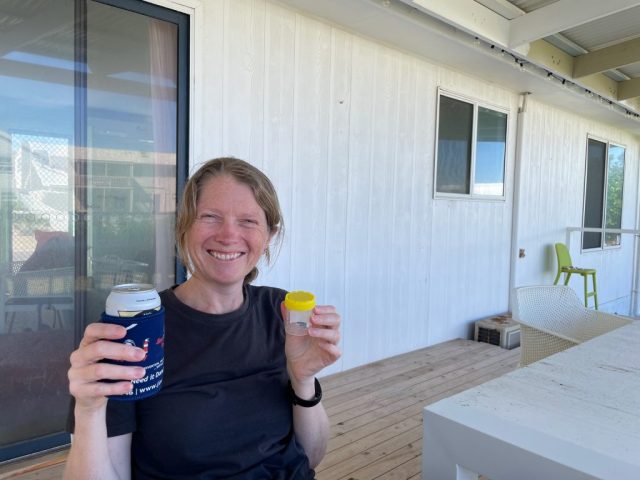 CC celebrates her rogue stitch finally being removed - yes it's in the container... CC celebrates her rogue stitch finally being removed - yes it's in the container...